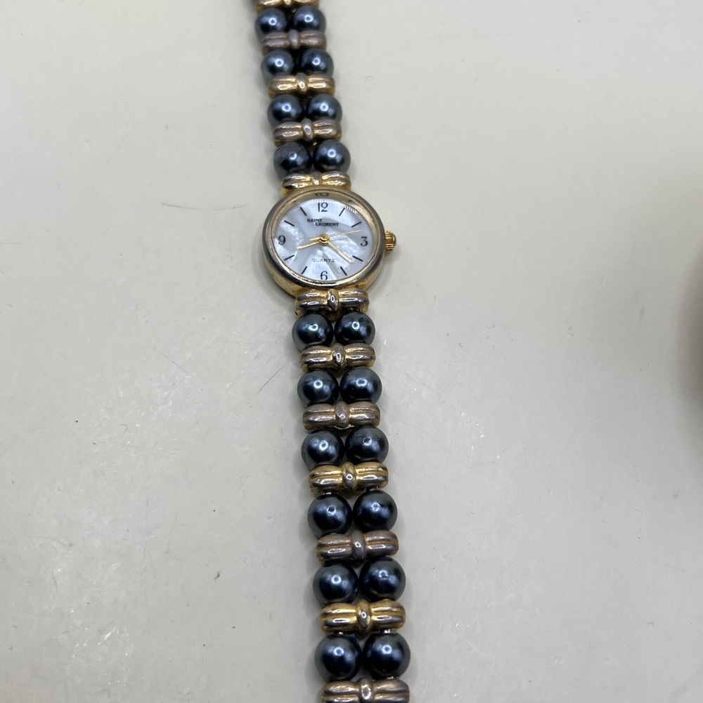 Vtg Saint Laurent Quartz Watch Swiss Movt Gold Tone Faux Pearl Bracelet MOP Dial - Picture 10 of 17